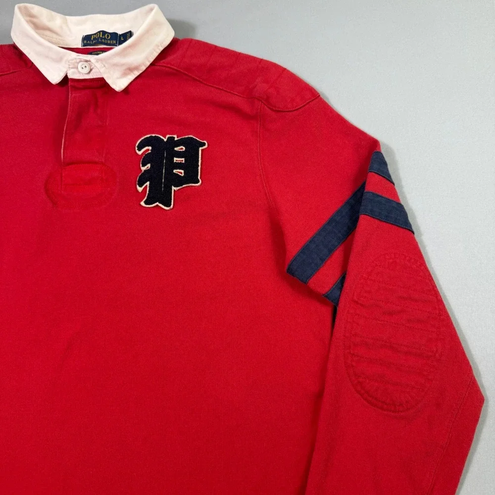 Polo Ralph Lauren Rugby Shirt Mens Large Red Custom Fit 67 Patch Long Sleeve